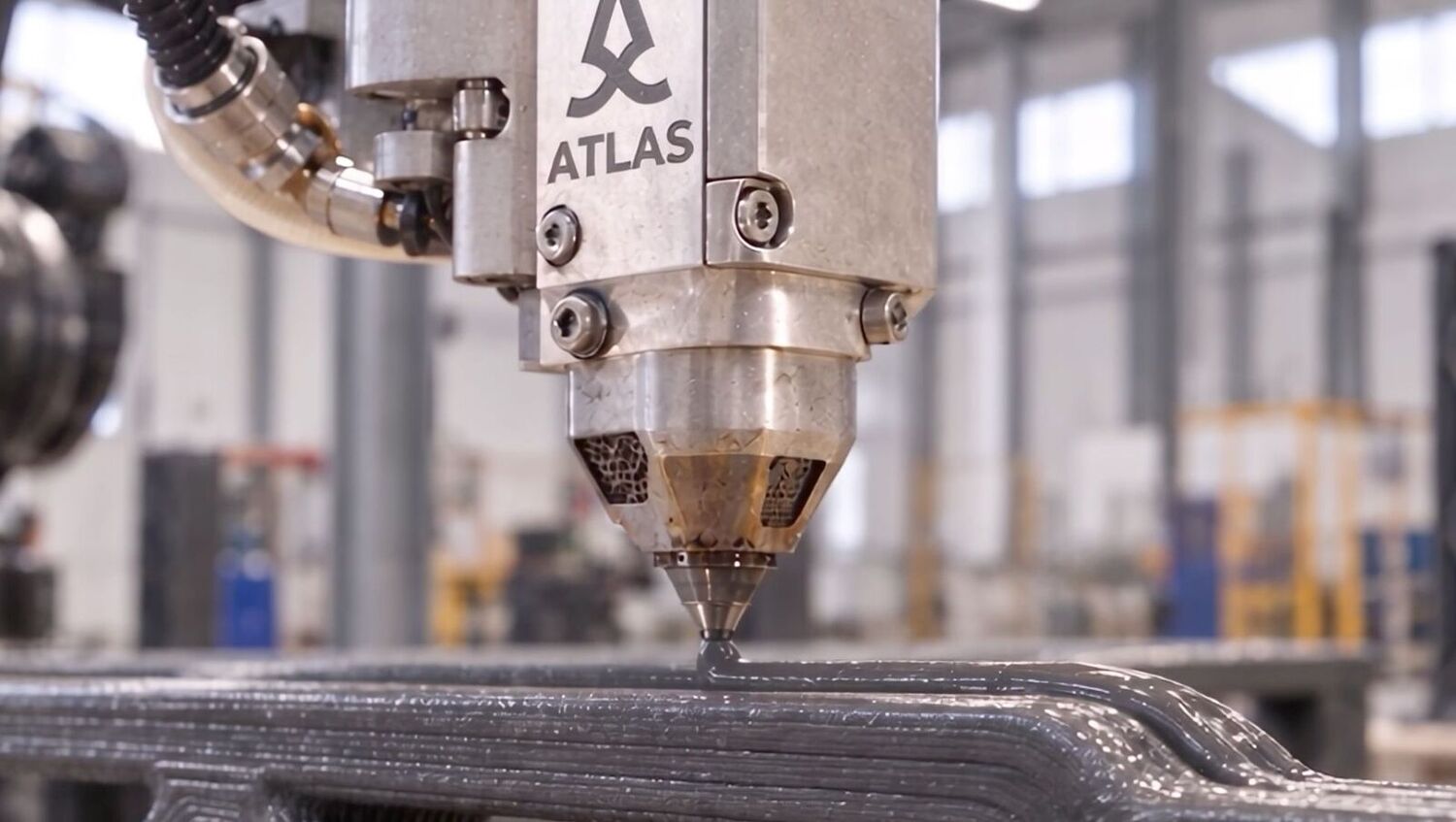 The ATLAS print nozzle laying down a layered composite truss member in a factory