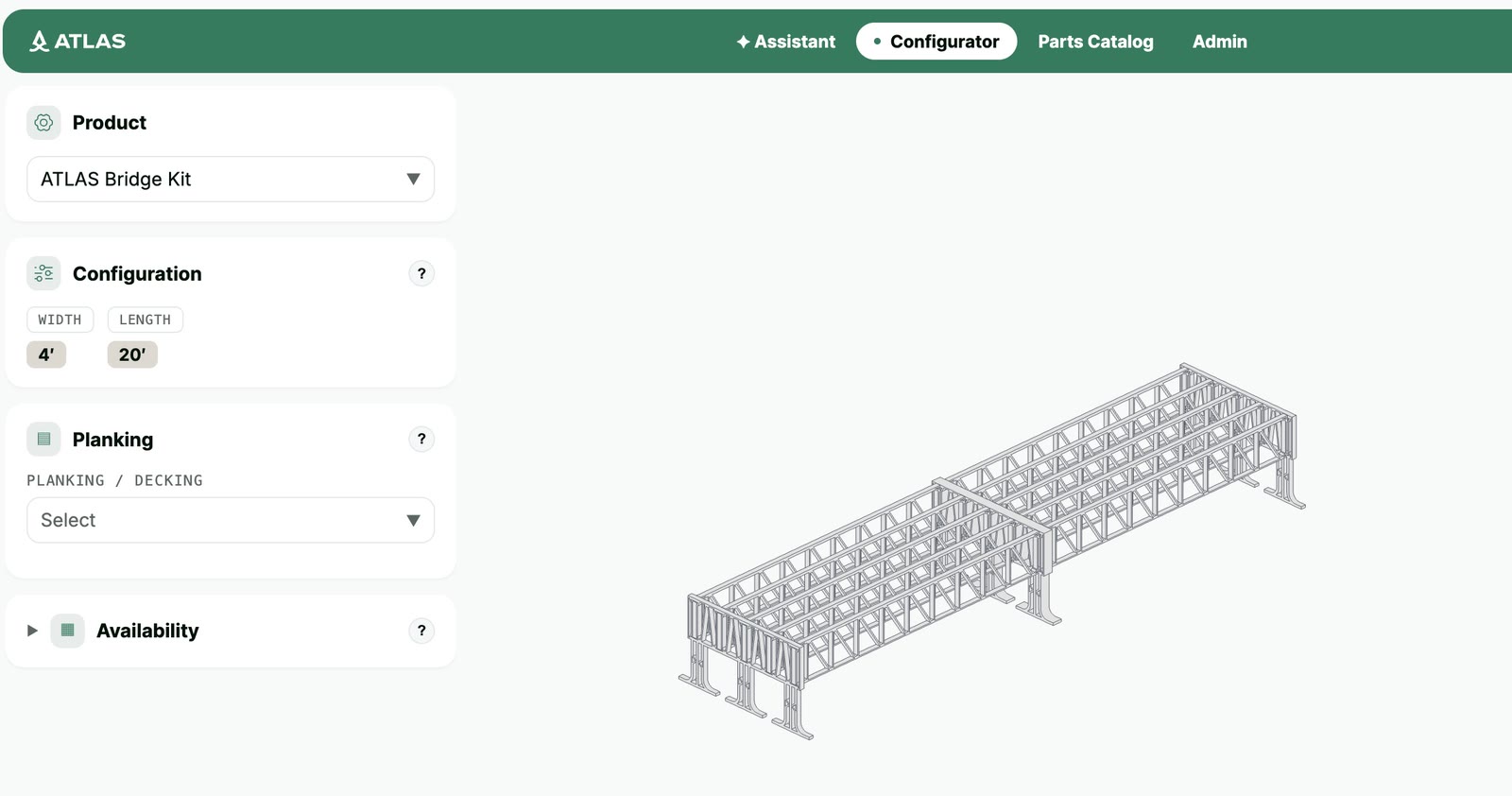 The ATLAS configurator with an ATLAS Bridge Kit selected at 4 by 20 feet, showing a 3D model of the bridge frame